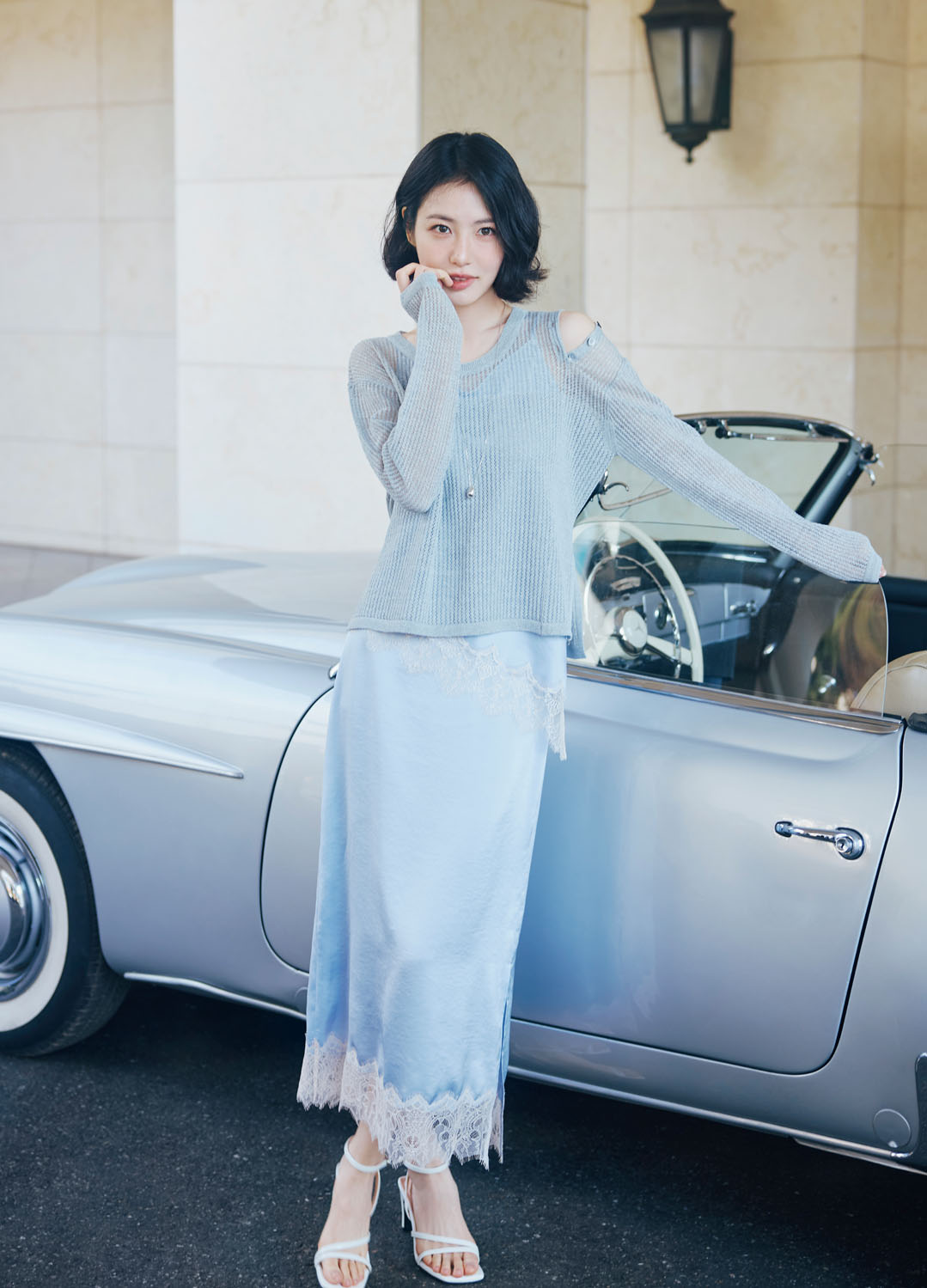 새틴 레이스 헴 스커트_SKY BLUE_6