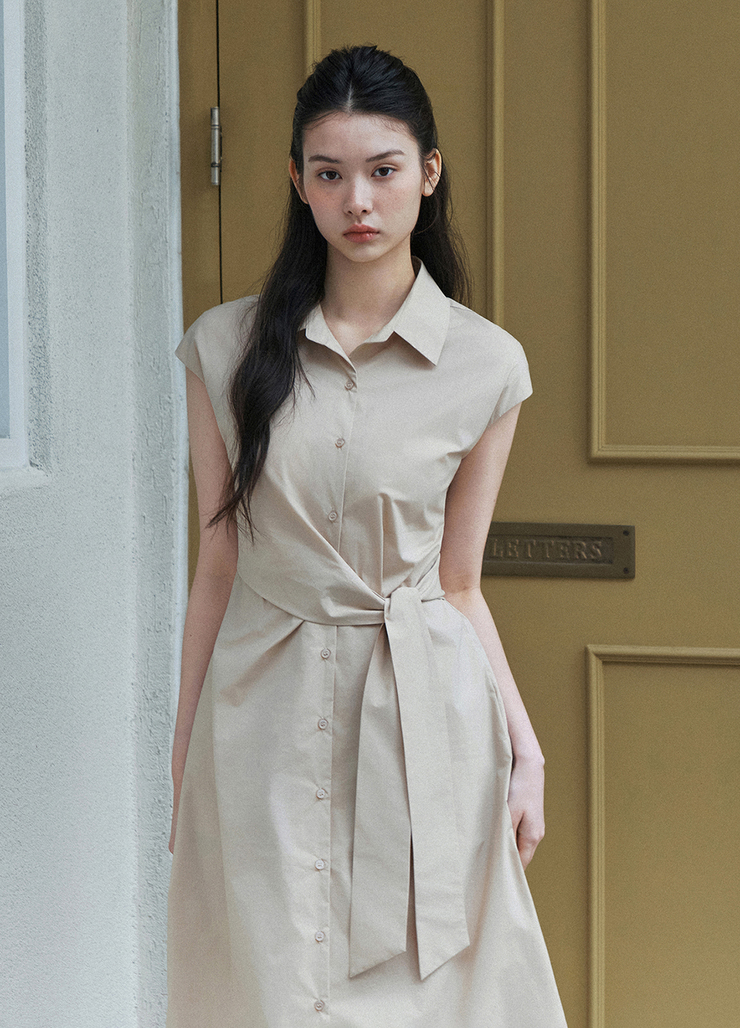 [Exclusive]사이드 매듭 셔츠 원피스_BEIGE_6