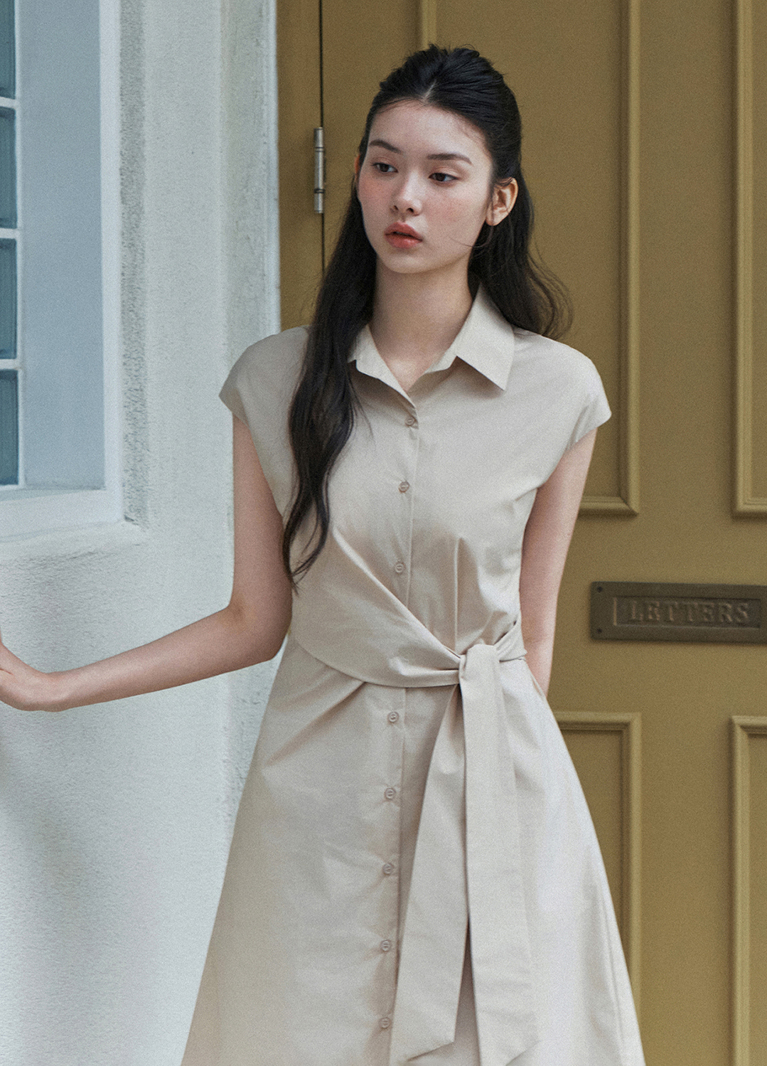 [Exclusive]사이드 매듭 셔츠 원피스_BEIGE_5