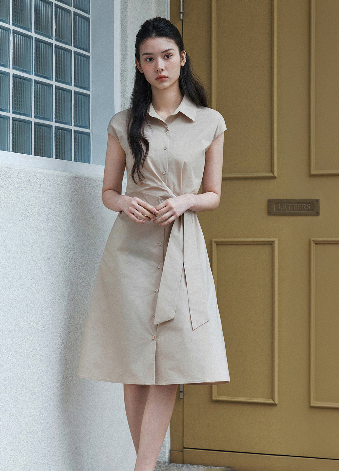 [Exclusive]사이드 매듭 셔츠 원피스_BEIGE_7