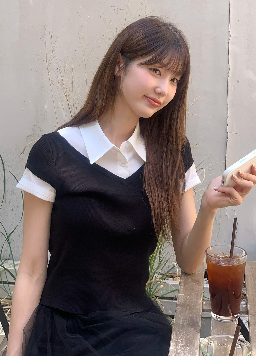[Exclusive] 레이어드 카라 셔츠 니트탑_BLACK_16