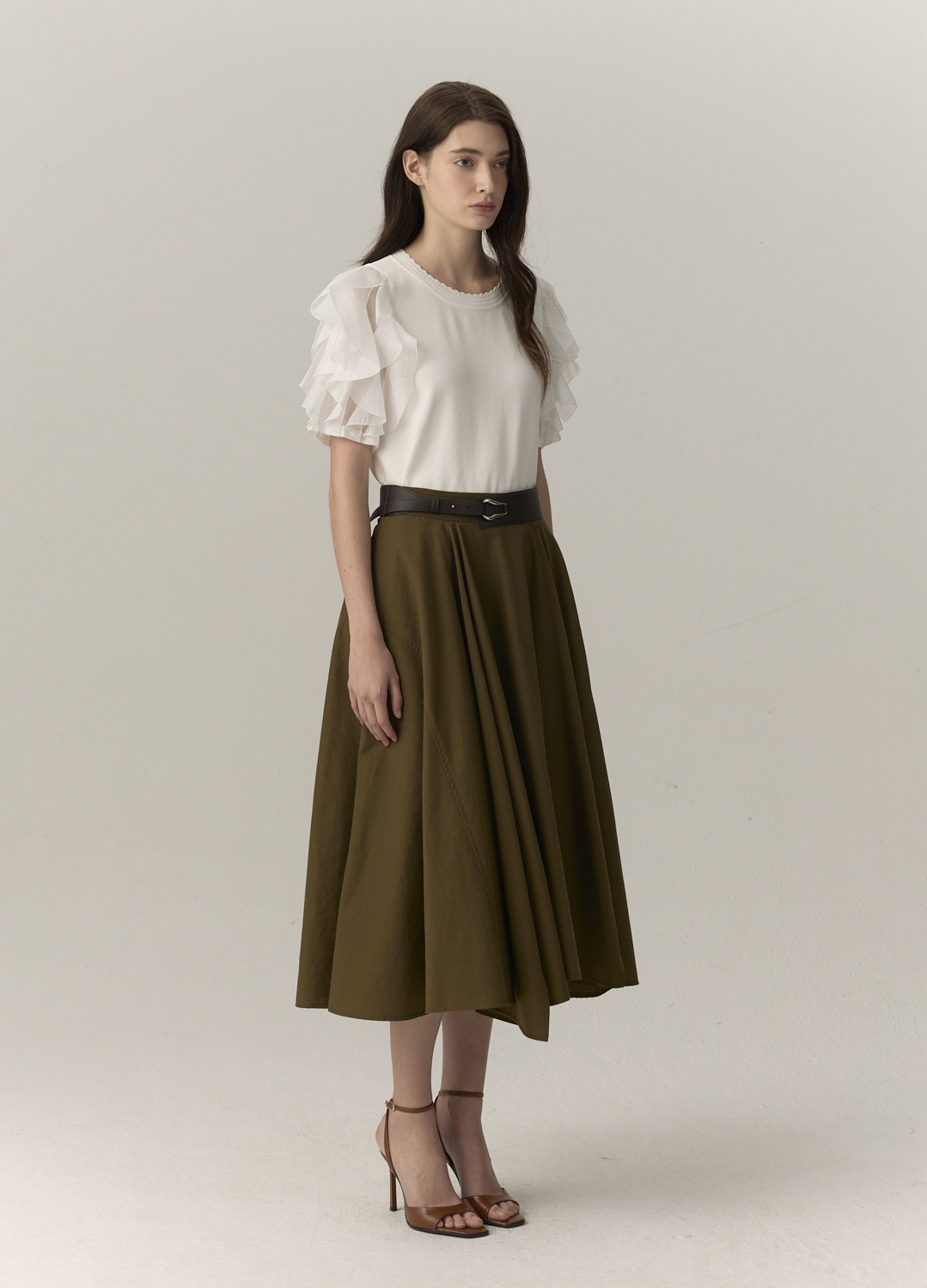가죽 벨티드 플레어 스커트_OLIVE_10