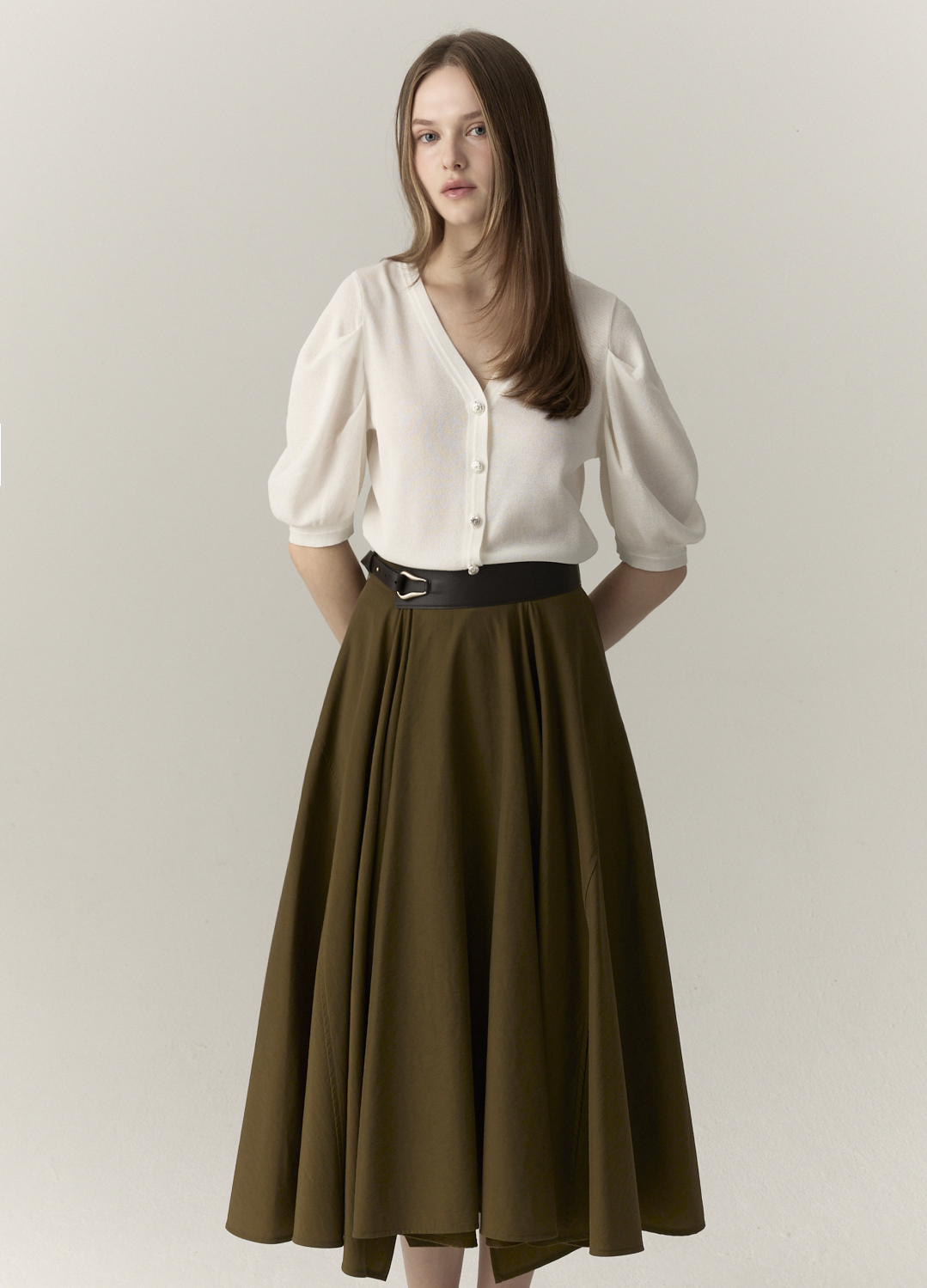 가죽 벨티드 플레어 스커트_OLIVE_5