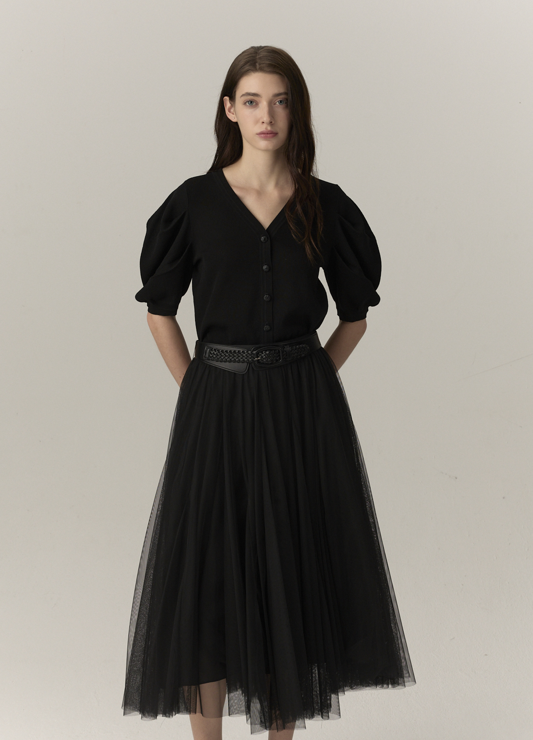 셔링 볼륨 A라인 스커트_BLACK_4