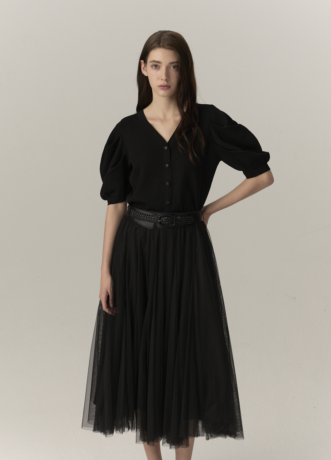 셔링 볼륨 A라인 스커트_BLACK_5