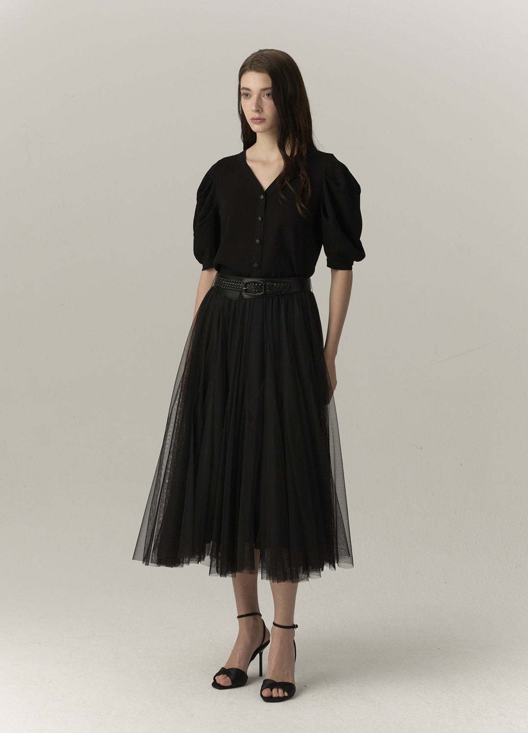 셔링 볼륨 A라인 스커트_BLACK_6