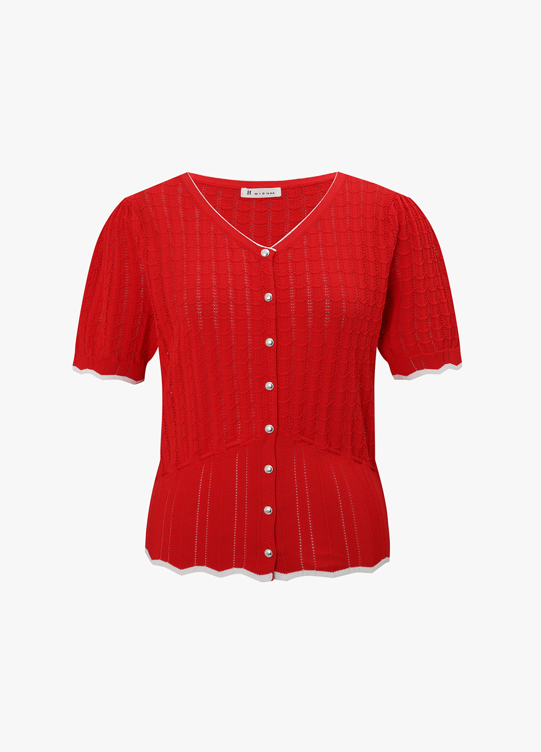 칼라 라인 브이넥 하프 슬리브 가디건_RED_10