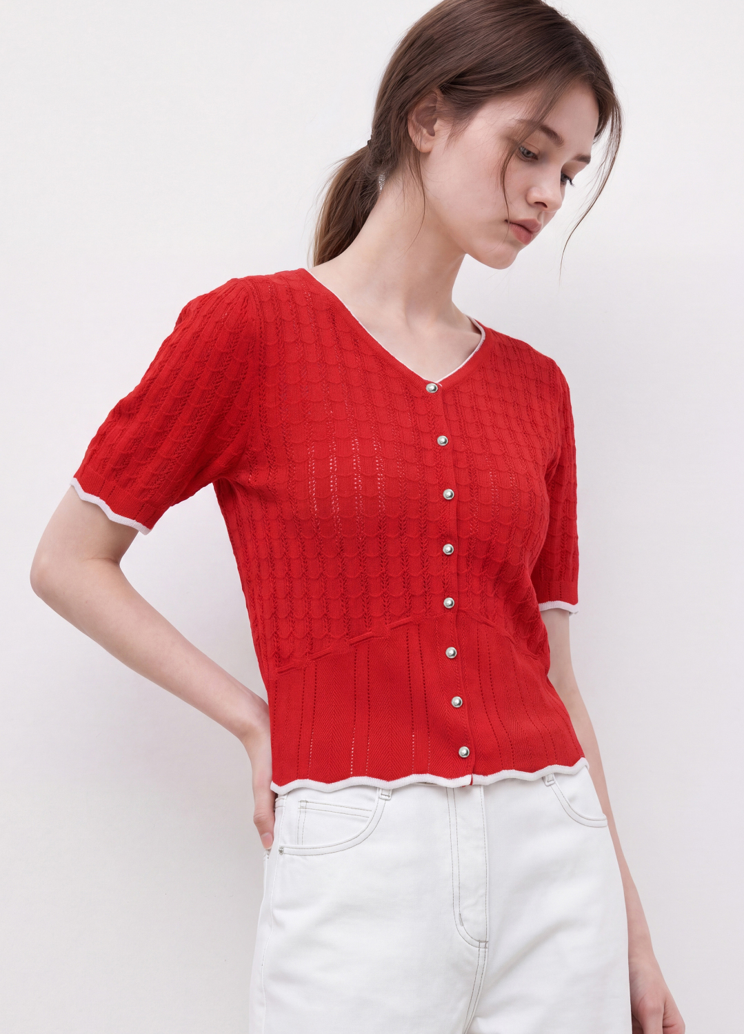 칼라 라인 브이넥 하프 슬리브 가디건_RED_5