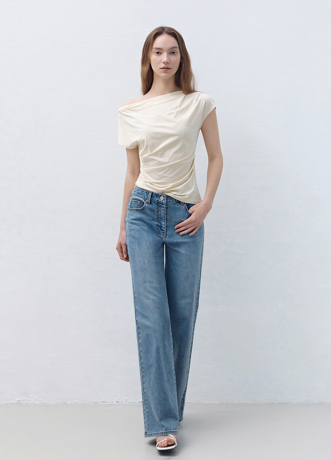 드레이프 셔링 캡소매 티셔츠_LIGHT BEIGE_11