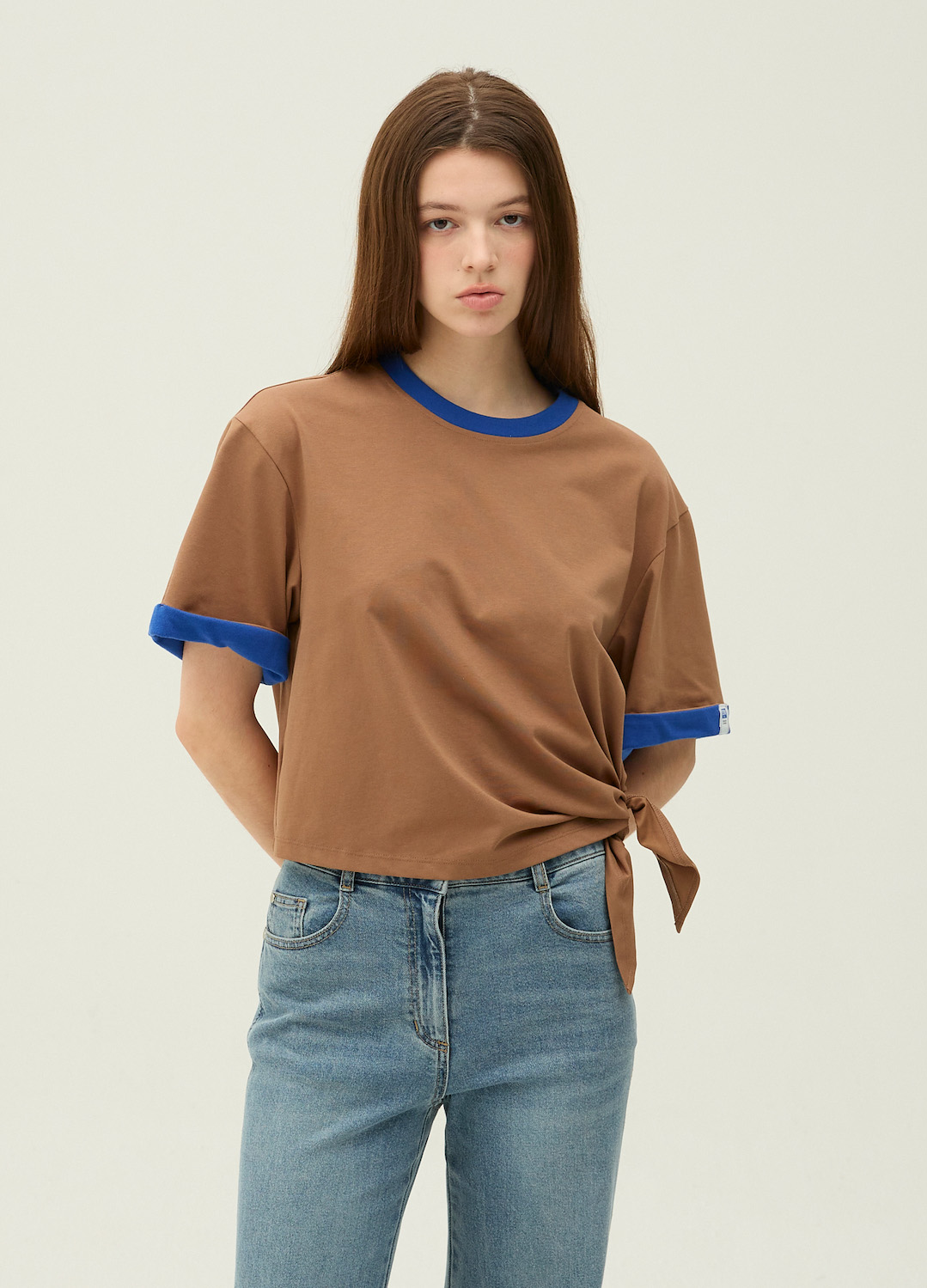 언밸런스 배색 포인트 티셔츠_BROWN_7