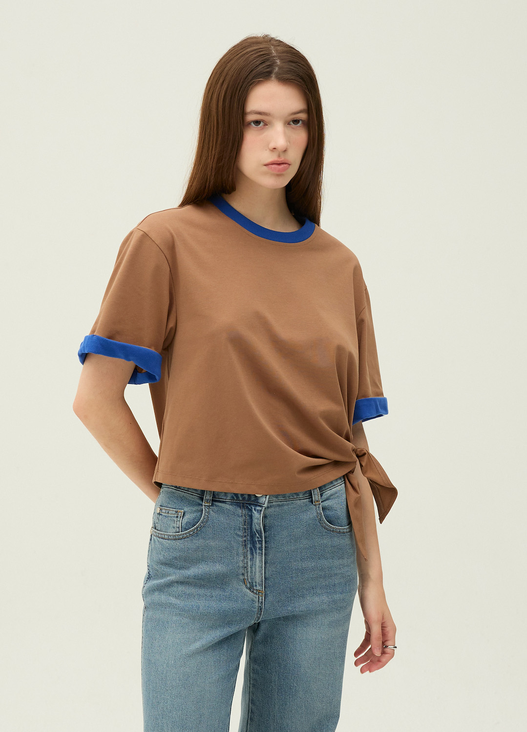 언밸런스 배색 포인트 티셔츠_BROWN_8