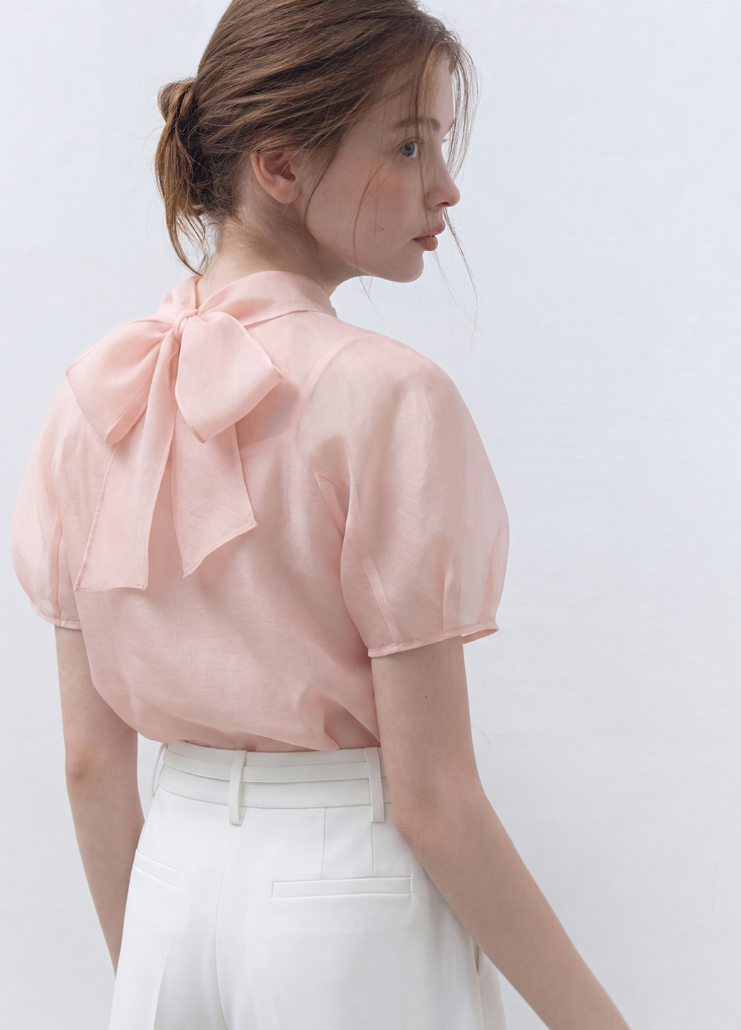 [반팔버전]롤 카라 리본 블라우스_LIGHT PINK_4
