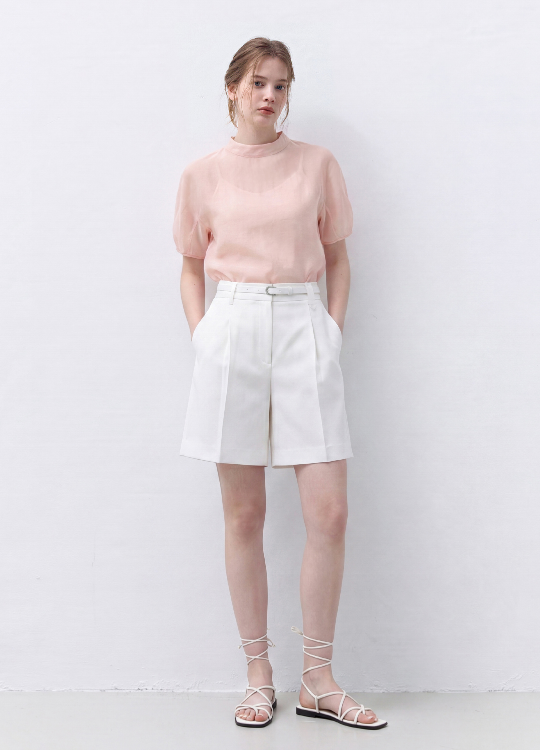 [반팔버전]롤 카라 리본 블라우스_LIGHT PINK_5