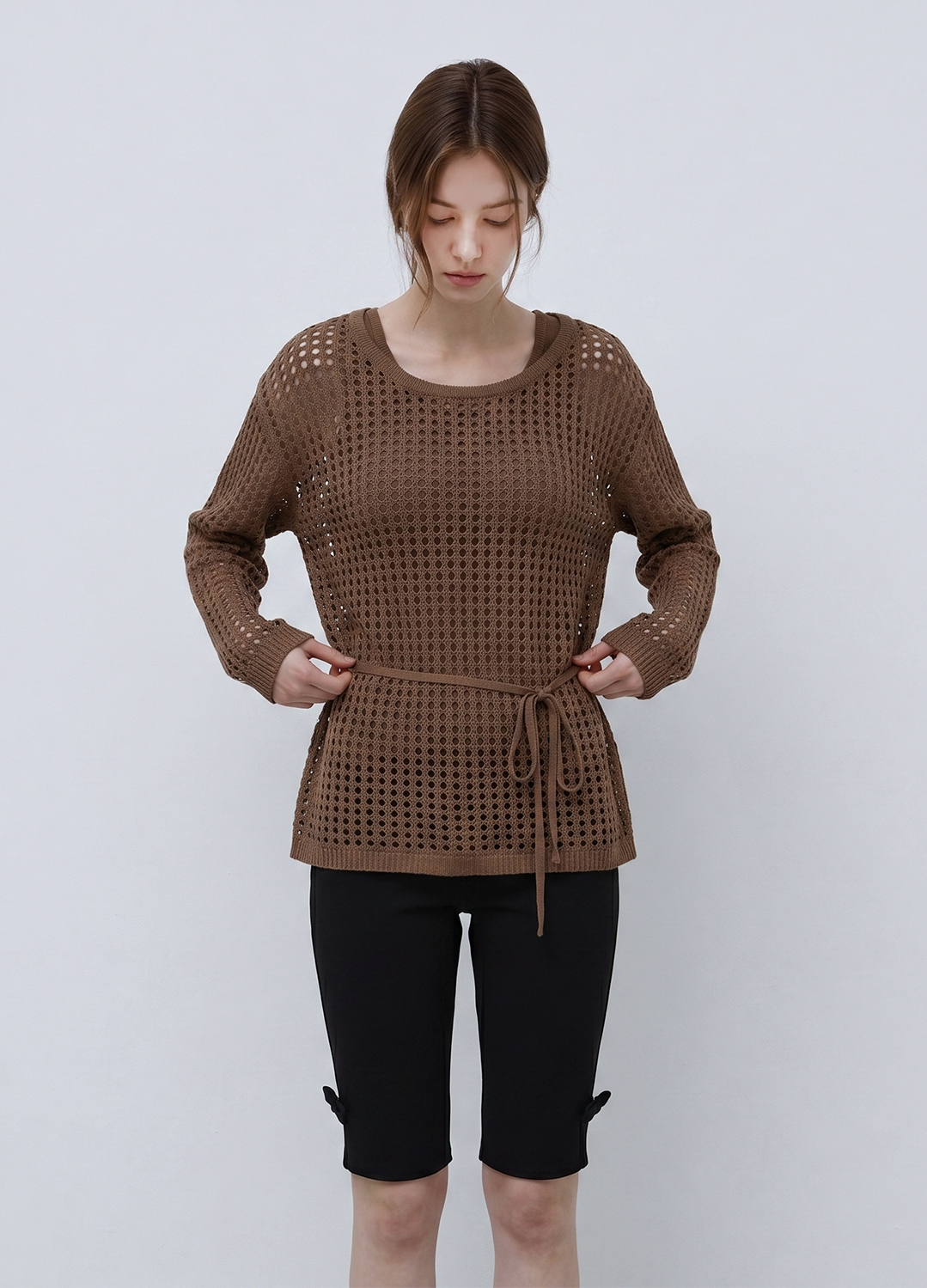[Exclusive]오픈 니트 라운드넥 풀오버_BROWN_5