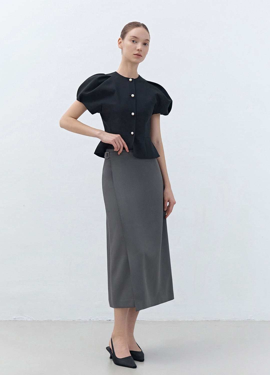 [Exclusive]세미 A라인 랩 스커트_DARK GREY_5