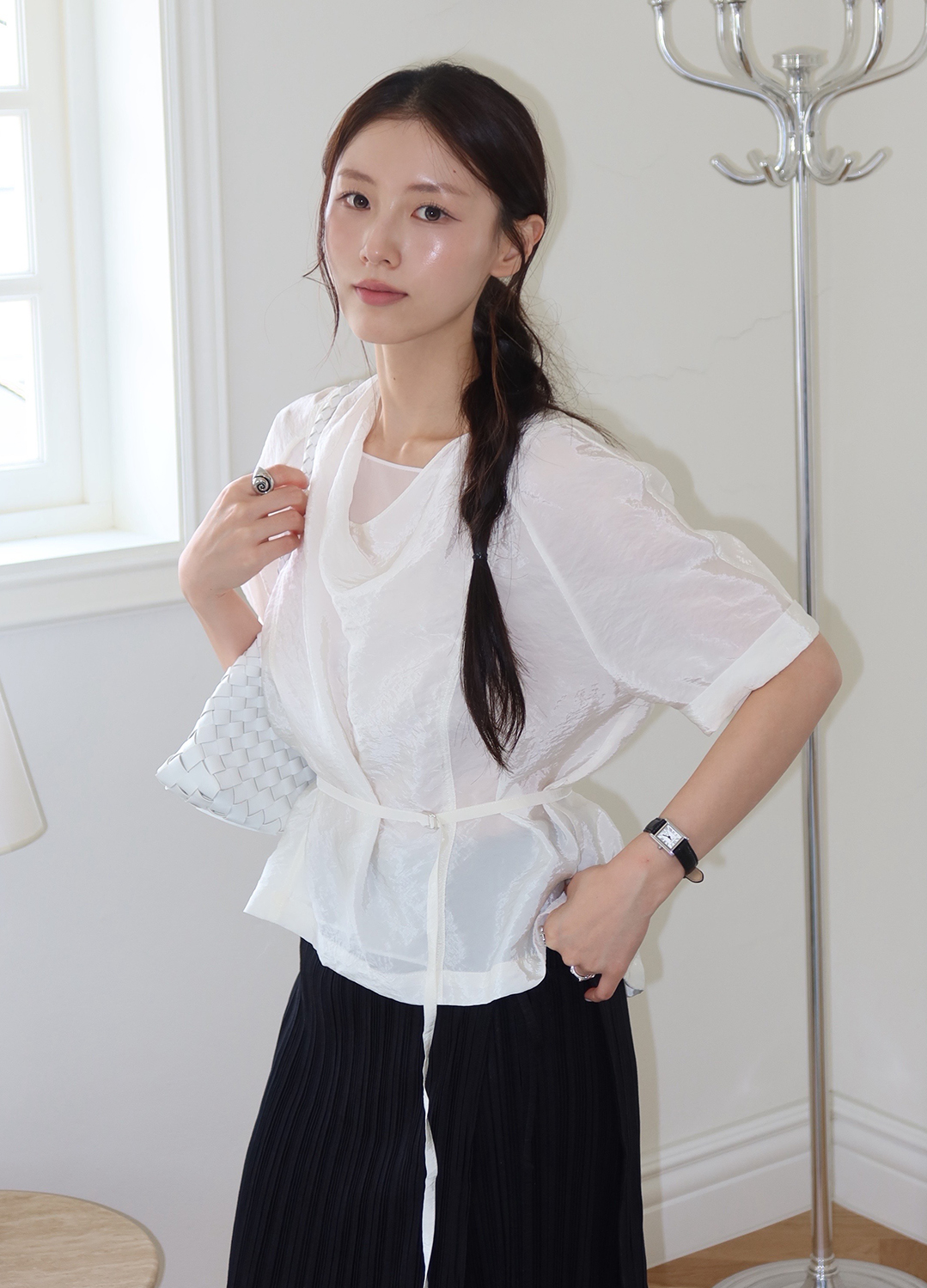 하프 슬리브 카울넥 블라우스_IVORY_8