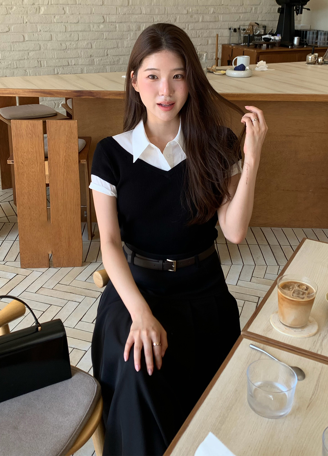 [Exclusive] 레이어드 카라 셔츠 니트탑