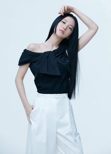 [Exclusive]오프숄더 배색 블라우스