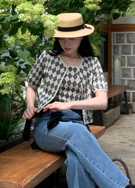 아가일 저지 탑 & 가디건 세트