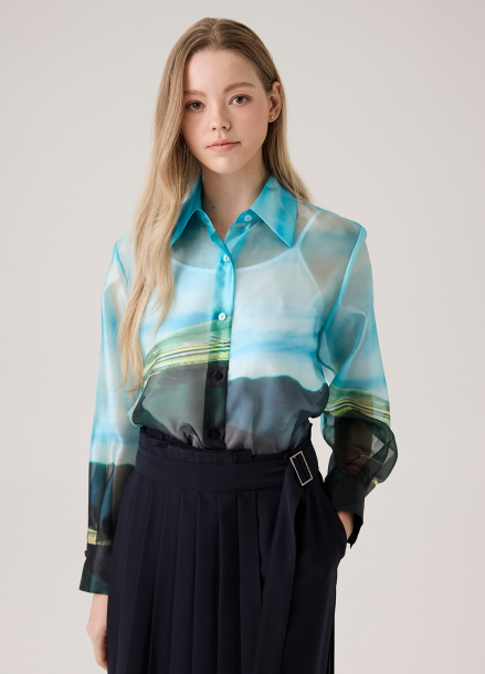 미샤 MICHAA 프린티드 셔츠 블라우스 AQUA GREEN | SISUN.COM