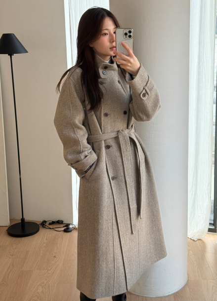 하이넥 더블 버튼 핸드메이드 울 코트