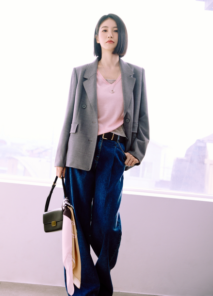 원턱 자수포인트 데님 팬츠