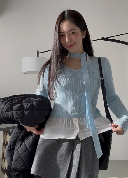 울 블랜드 타이넥 레이어 니트탑