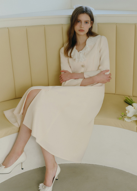 [BRIDE]배색 프릴 카라 롱 원피스