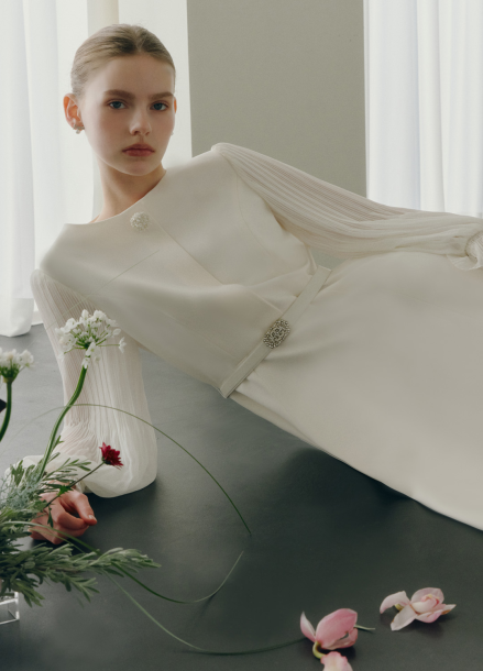 [BRIDE]소매 플리츠 벨티드 원피스