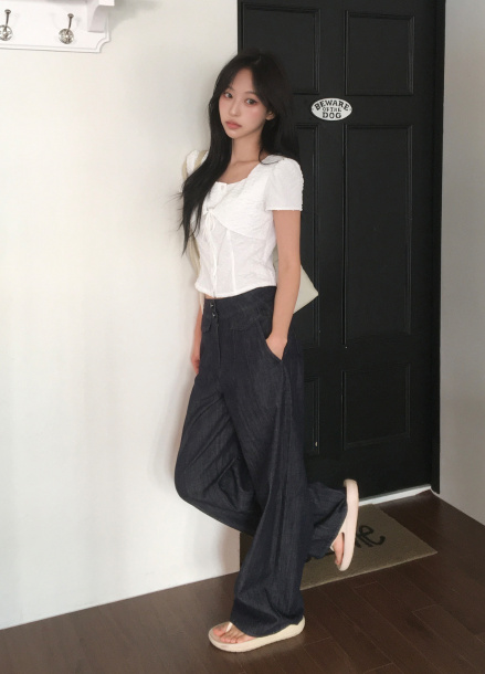 투버튼 와이드 데님 팬츠