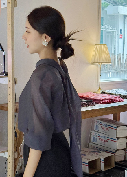 롤 카라 시어 블라우스
